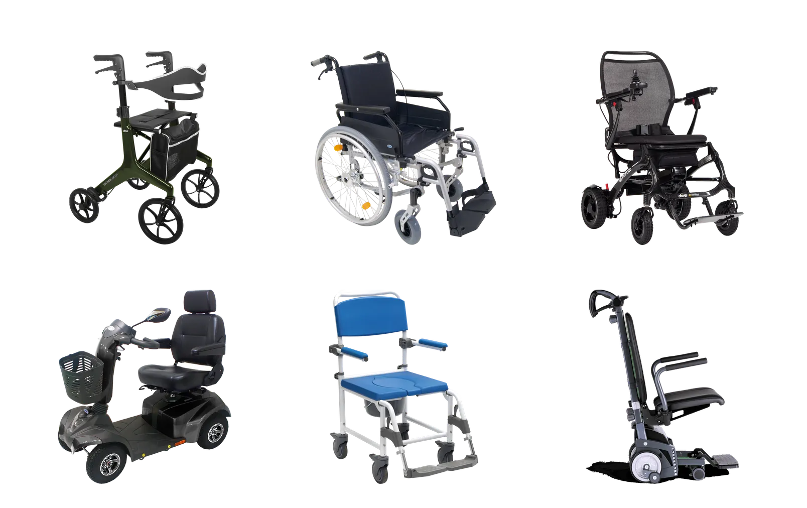 Übersicht unserer Mobilitätshilfen: Leichtgewichtrollator, Leichtgewichtrollstuhl, E-Rollstuhl, E-Mobil, Dusch-Toilettenrollstuhl und Treppensteiger